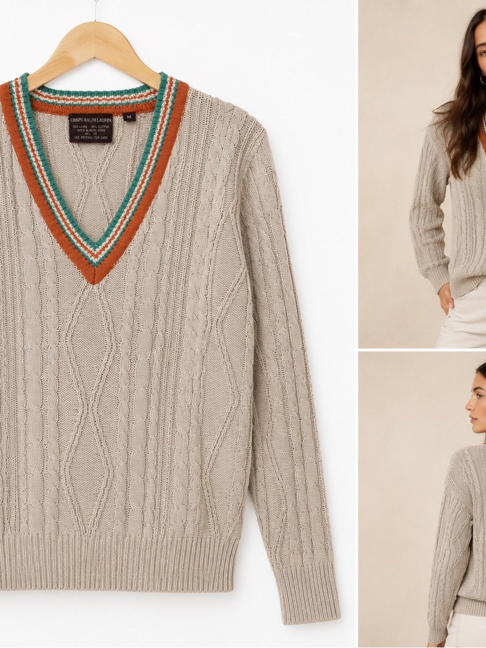 Ralph Lauren Cable-Knit V-Neck Sweater in Taupe with Green & Rust Trim